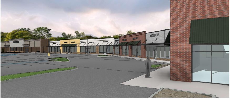 Architectural rendering of the South Union Shopping Center renovation viewed across the parking area